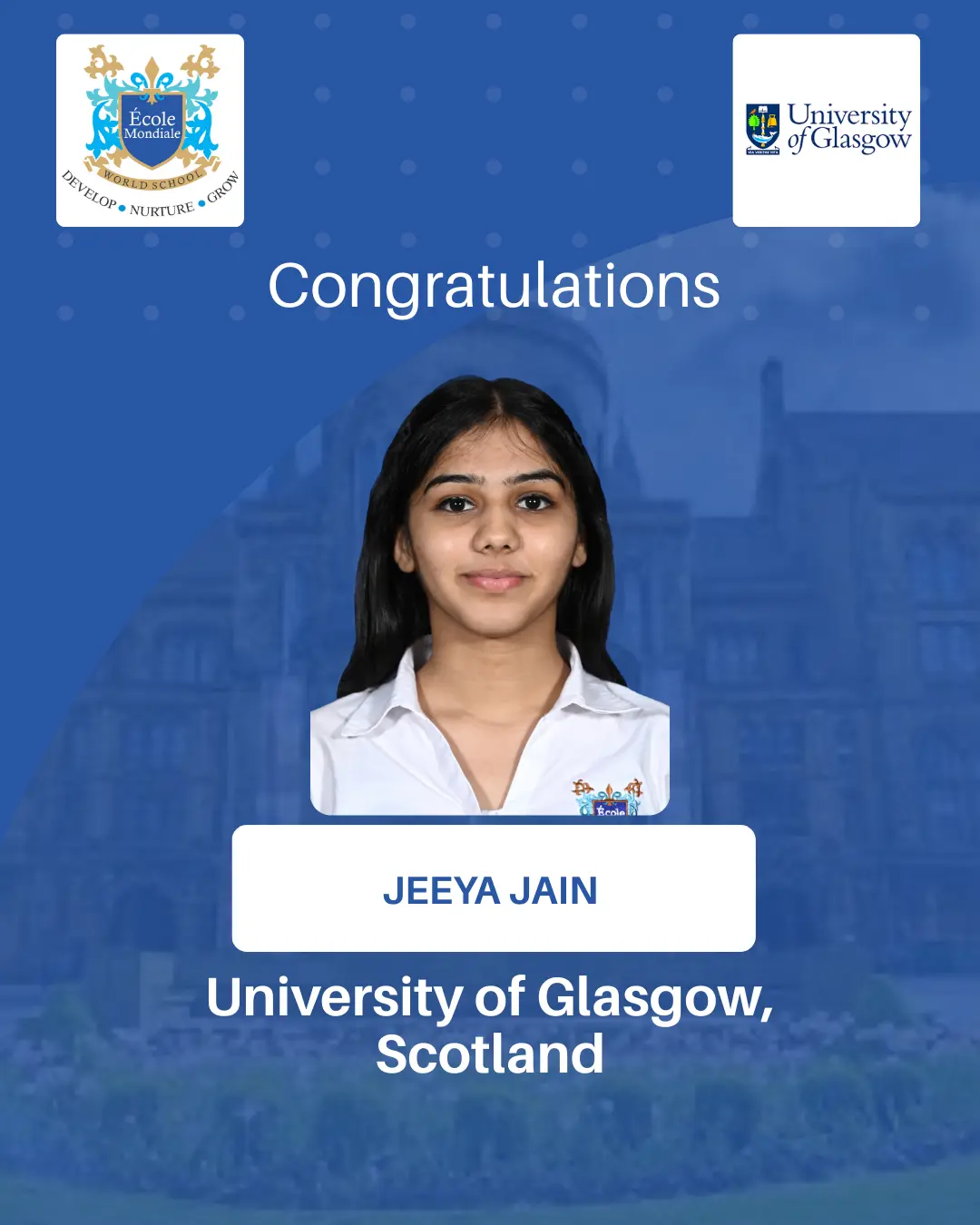 University Acceptances 2026 - Jeeya Jain - University of Glasgow, Scotland