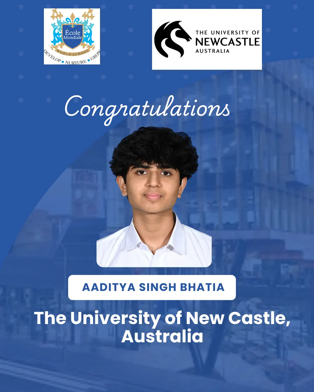 University Acceptances 2026 - Aaditya Singh Bhatia - University of New Castle, Australia