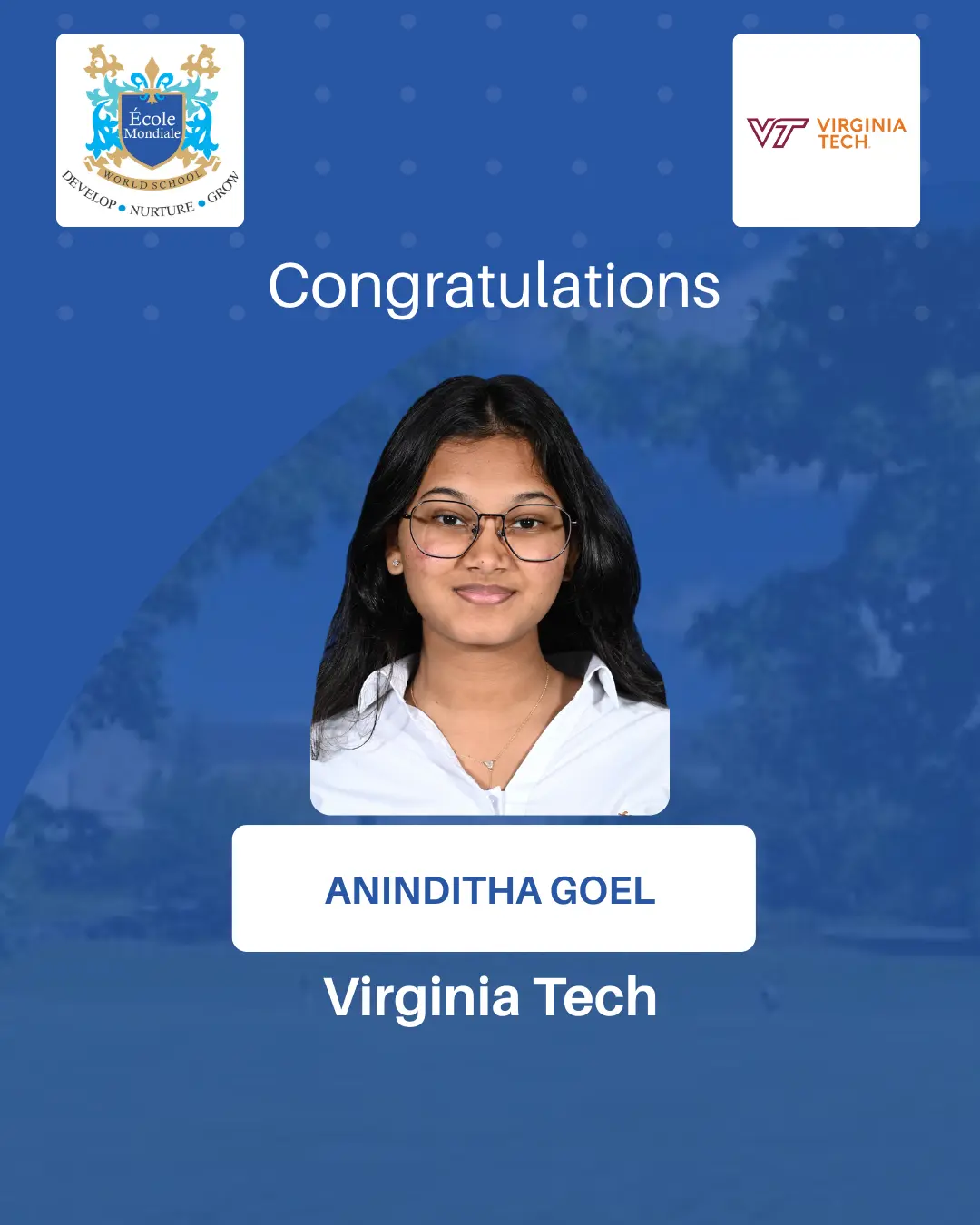 University Acceptances 2026 - Aninditha Goel - Virginia Tech